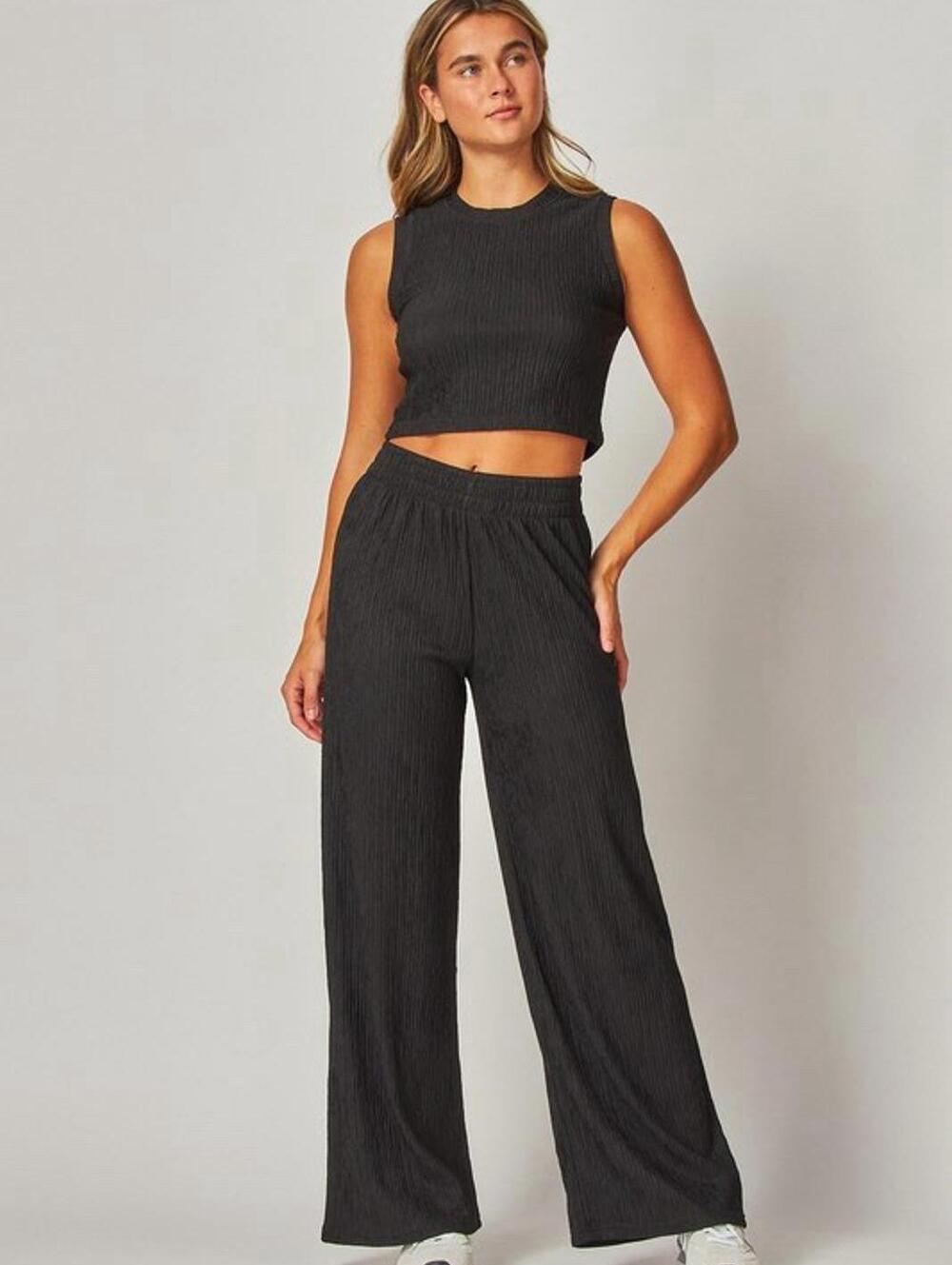 Love Poem Plisse Lounge Set Bundle Small Black Brown Wide Leg 2 pc Matching Set - Picture 3 of 8